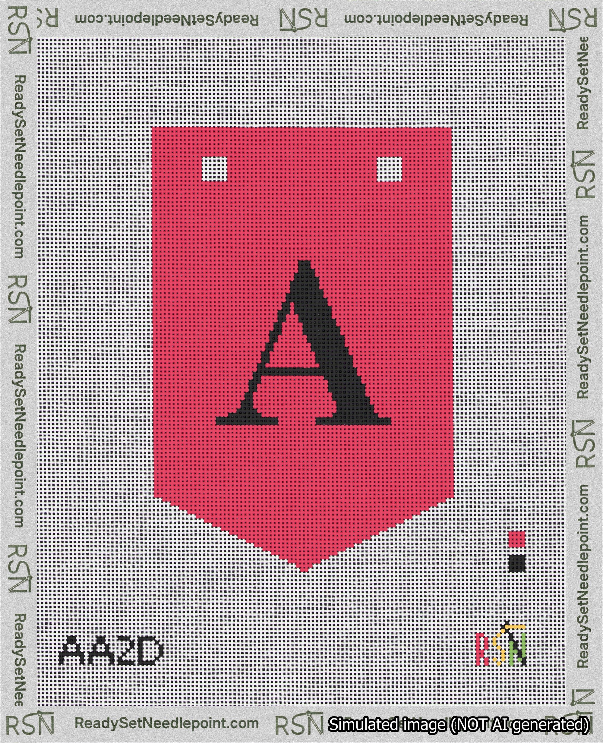 A taped needlepoint canvas with the design: Banner 18 mesh count Pointed A Black on Red.