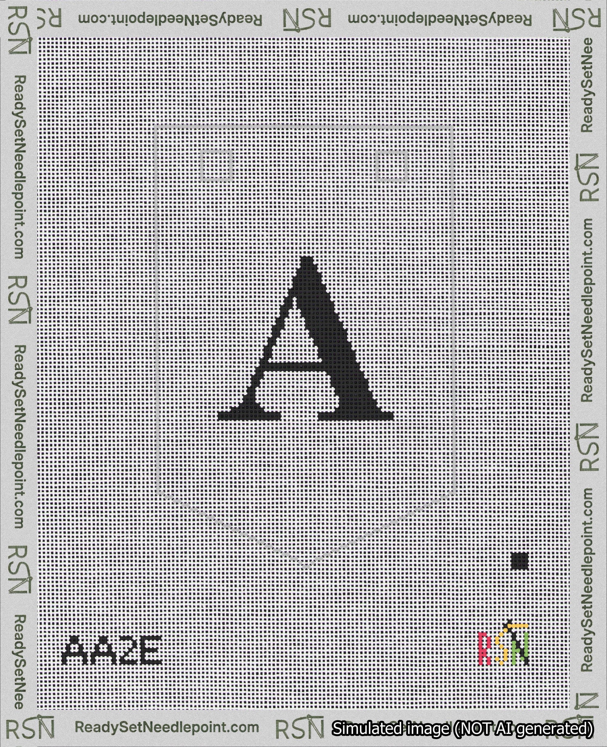 A taped needlepoint canvas with the design: Banner 18 mesh count Pointed A Black on White.