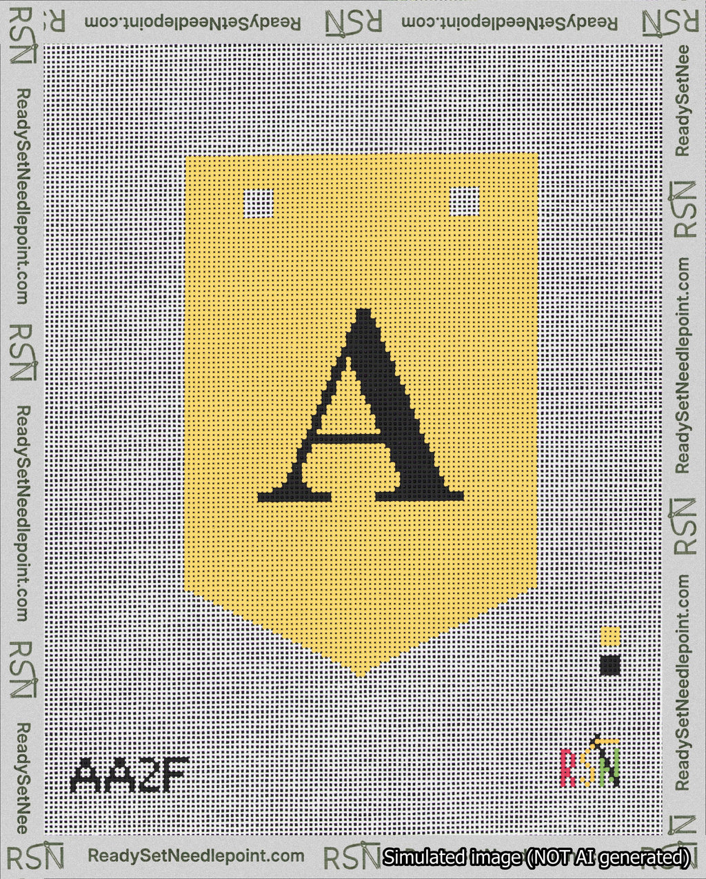 A taped needlepoint canvas with the design: Banner 18 mesh count Pointed A Black on Yellow.