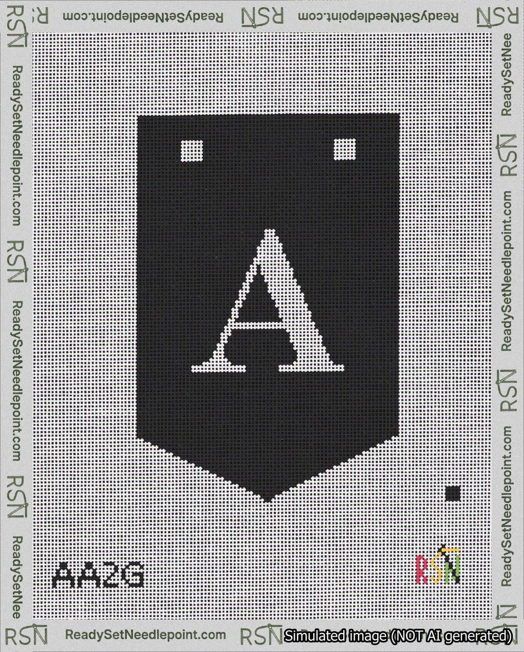 A taped needlepoint canvas with the design: Banner 18 mesh count Pointed A White on Black.