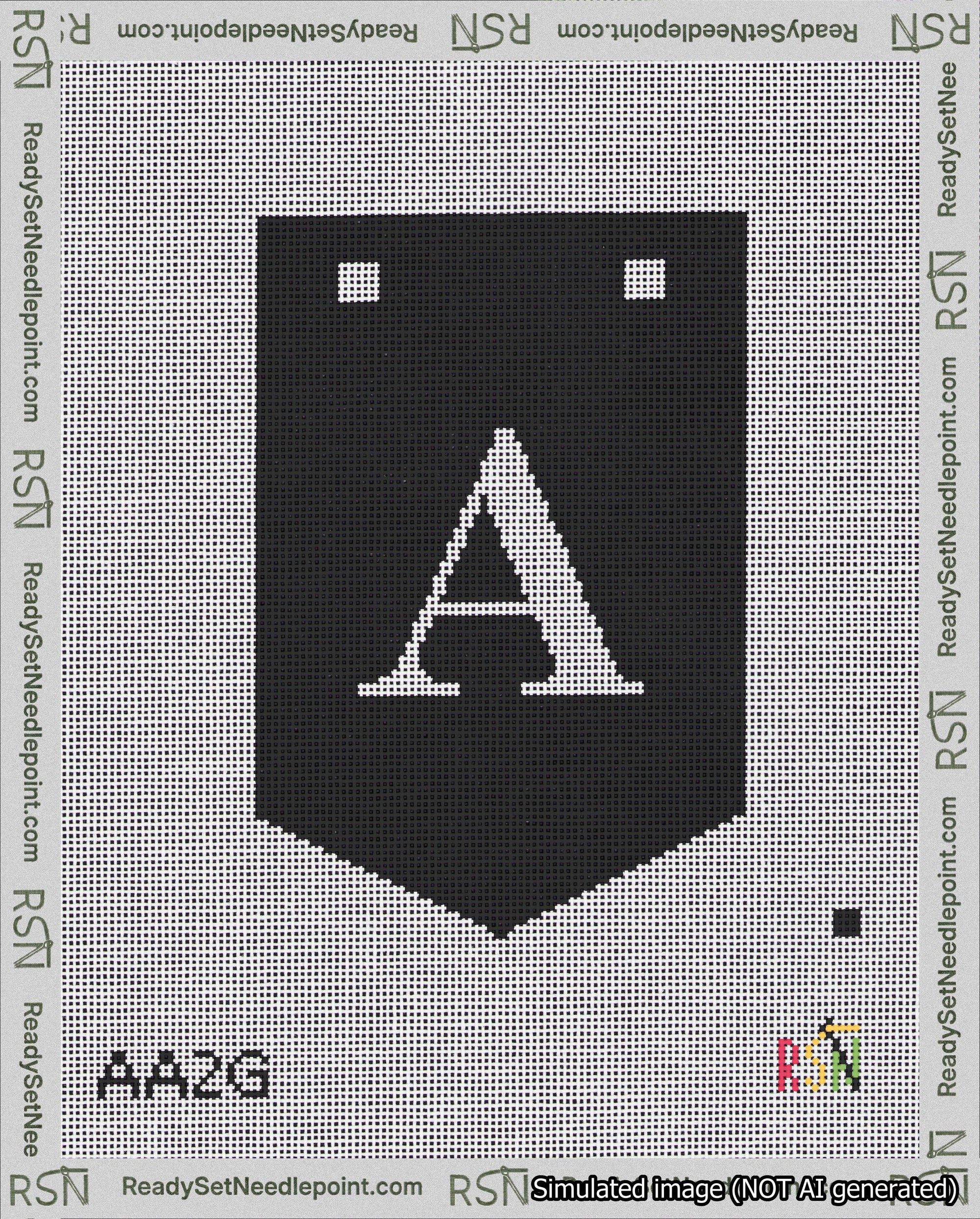 A taped needlepoint canvas with the design: Banner 18 mesh count Pointed A White on Black.