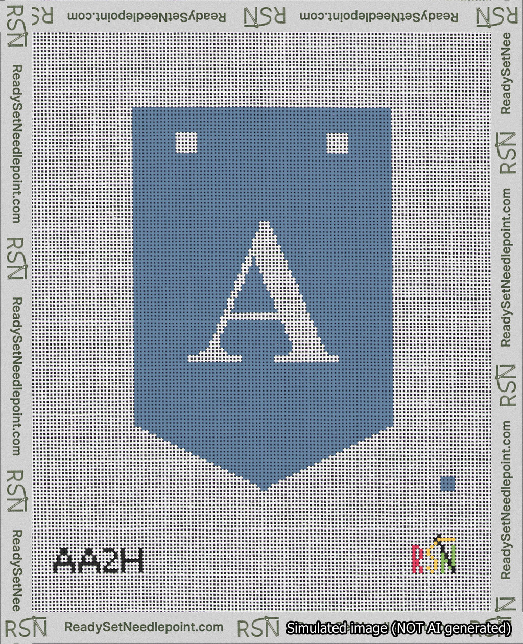 A taped needlepoint canvas with the design: Banner 18 mesh count Pointed A White on Blue.