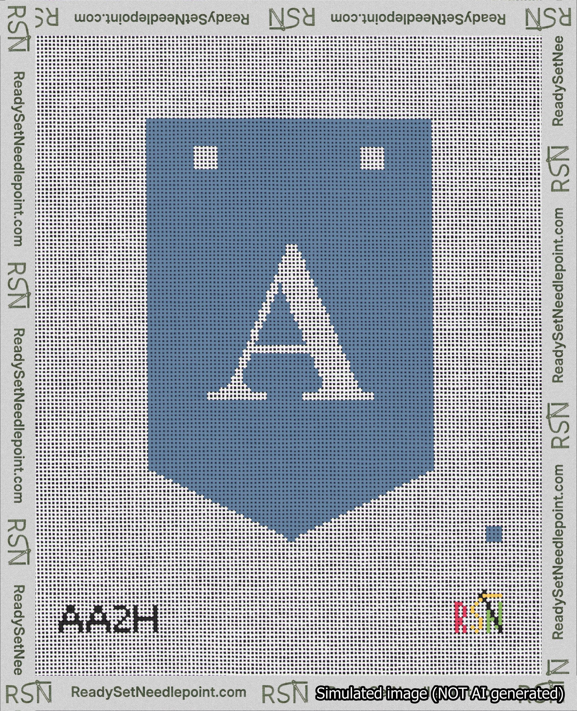 A taped needlepoint canvas with the design: Banner 18 mesh count Pointed A White on Blue.