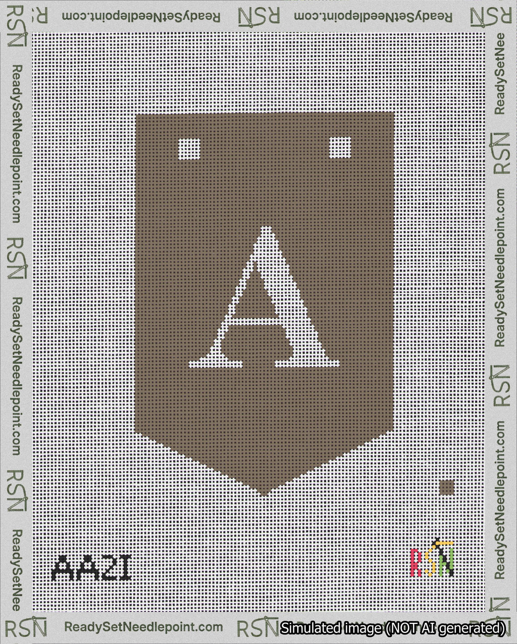 A taped needlepoint canvas with the design: Banner 18 mesh count Pointed A White on Brown.