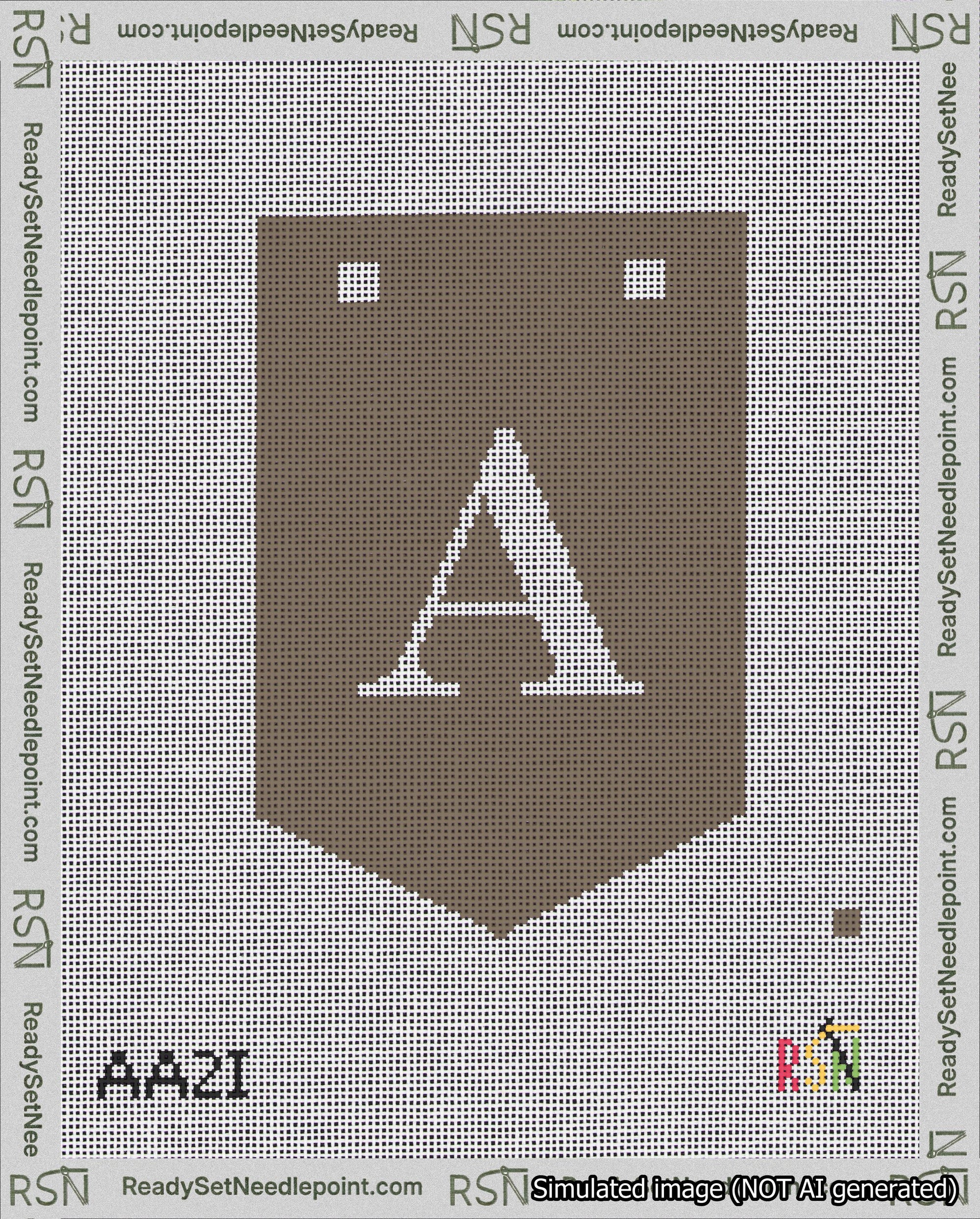 A taped needlepoint canvas with the design: Banner 18 mesh count Pointed A White on Brown.