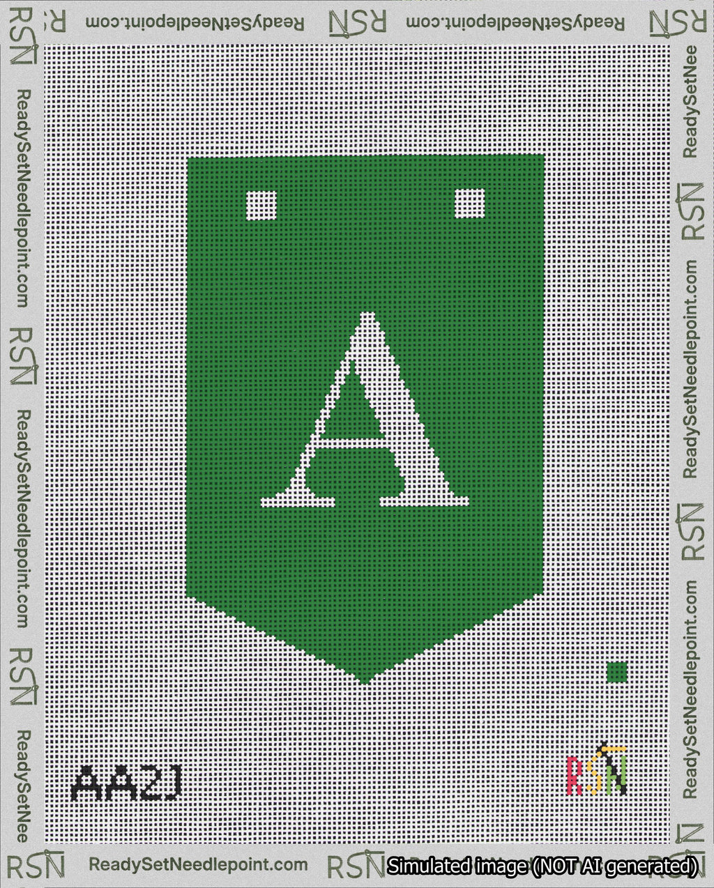 A taped needlepoint canvas with the design: Banner 18 mesh count Pointed A White on Green.