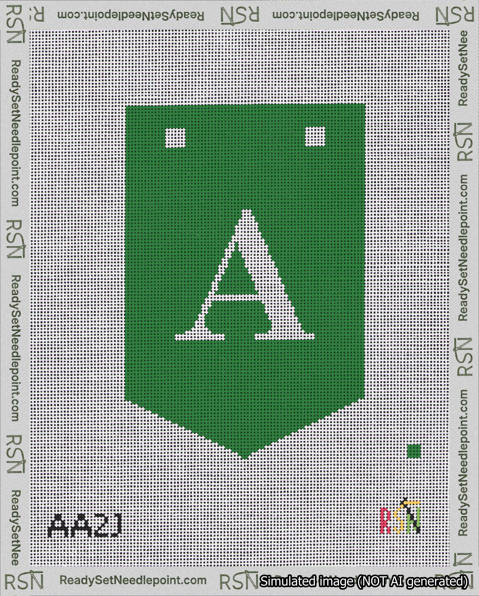 A taped needlepoint canvas with the design: Banner 18 mesh count Pointed A White on Green.