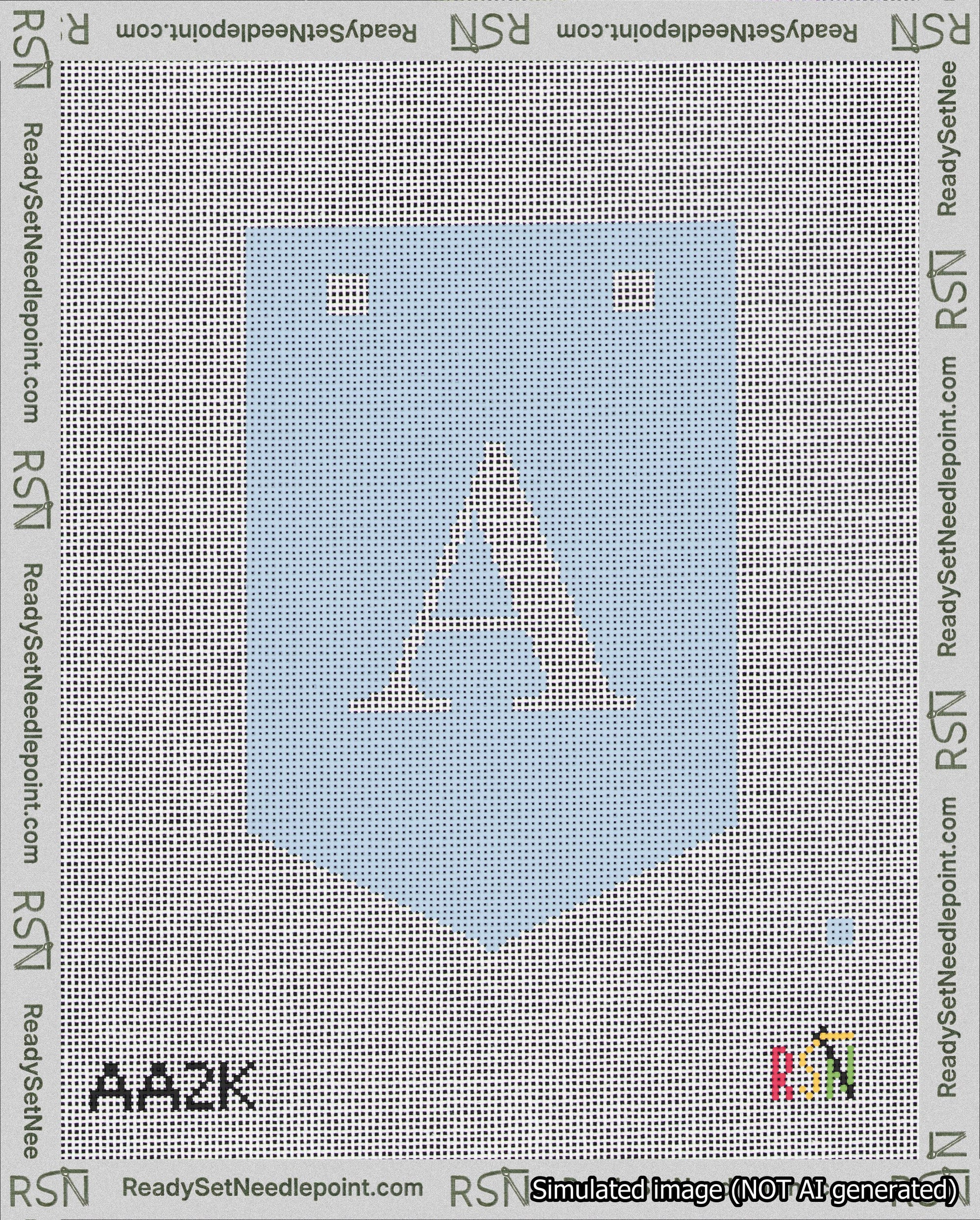 A taped needlepoint canvas with the design: Banner 18 mesh count Pointed A White on Light Blue.