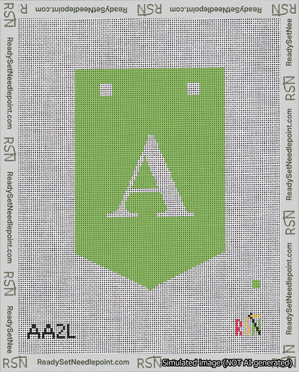 A taped needlepoint canvas with the design: Banner 18 mesh count Pointed A White on Light Green.