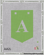 A taped needlepoint canvas with the design: Banner 18 mesh count Pointed A White on Light Green.