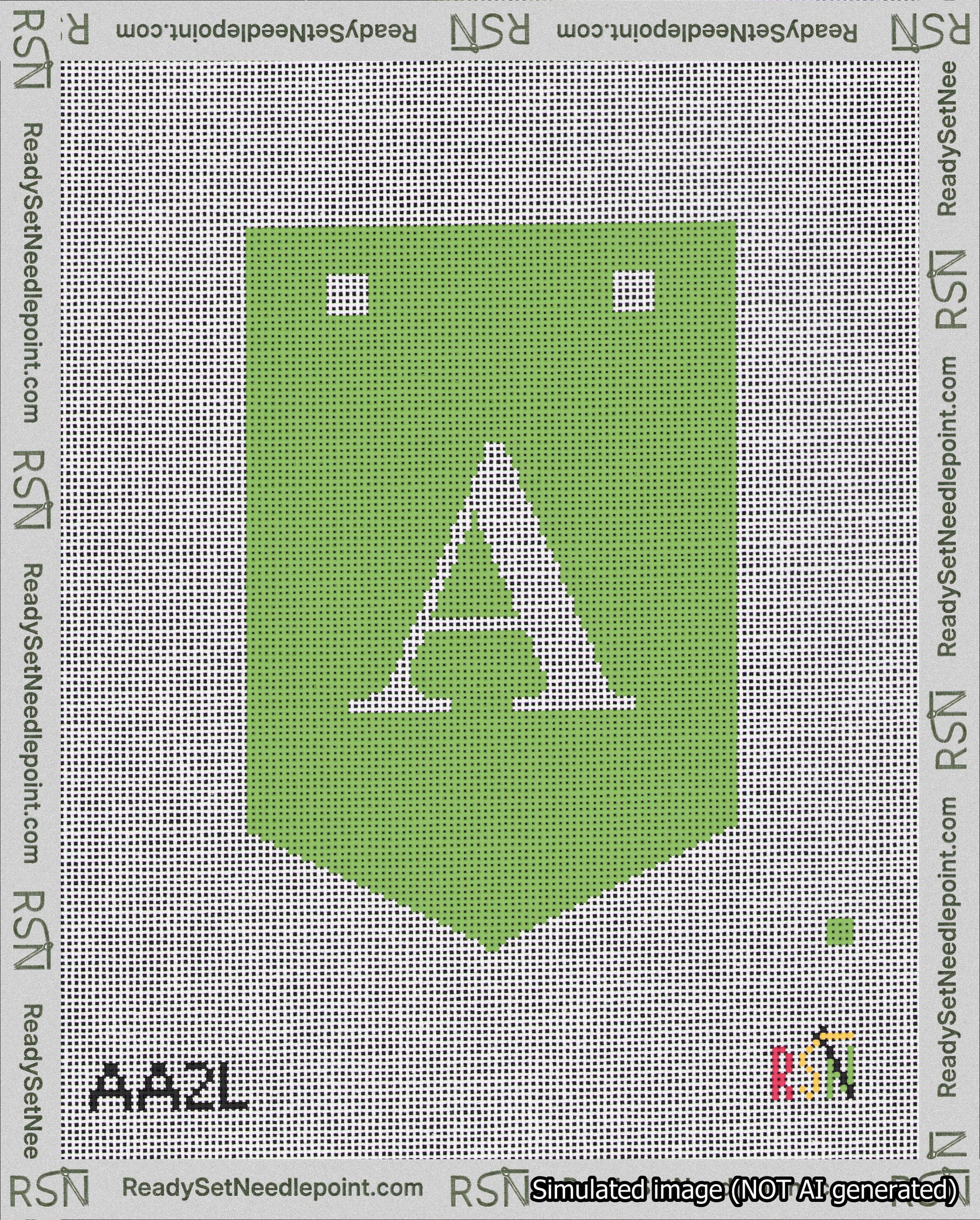A taped needlepoint canvas with the design: Banner 18 mesh count Pointed A White on Light Green.