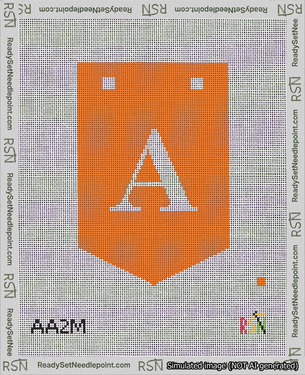 A taped needlepoint canvas with the design: Banner 18 mesh count Pointed A White on Orange.