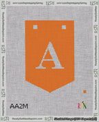 A taped needlepoint canvas with the design: Banner 18 mesh count Pointed A White on Orange.