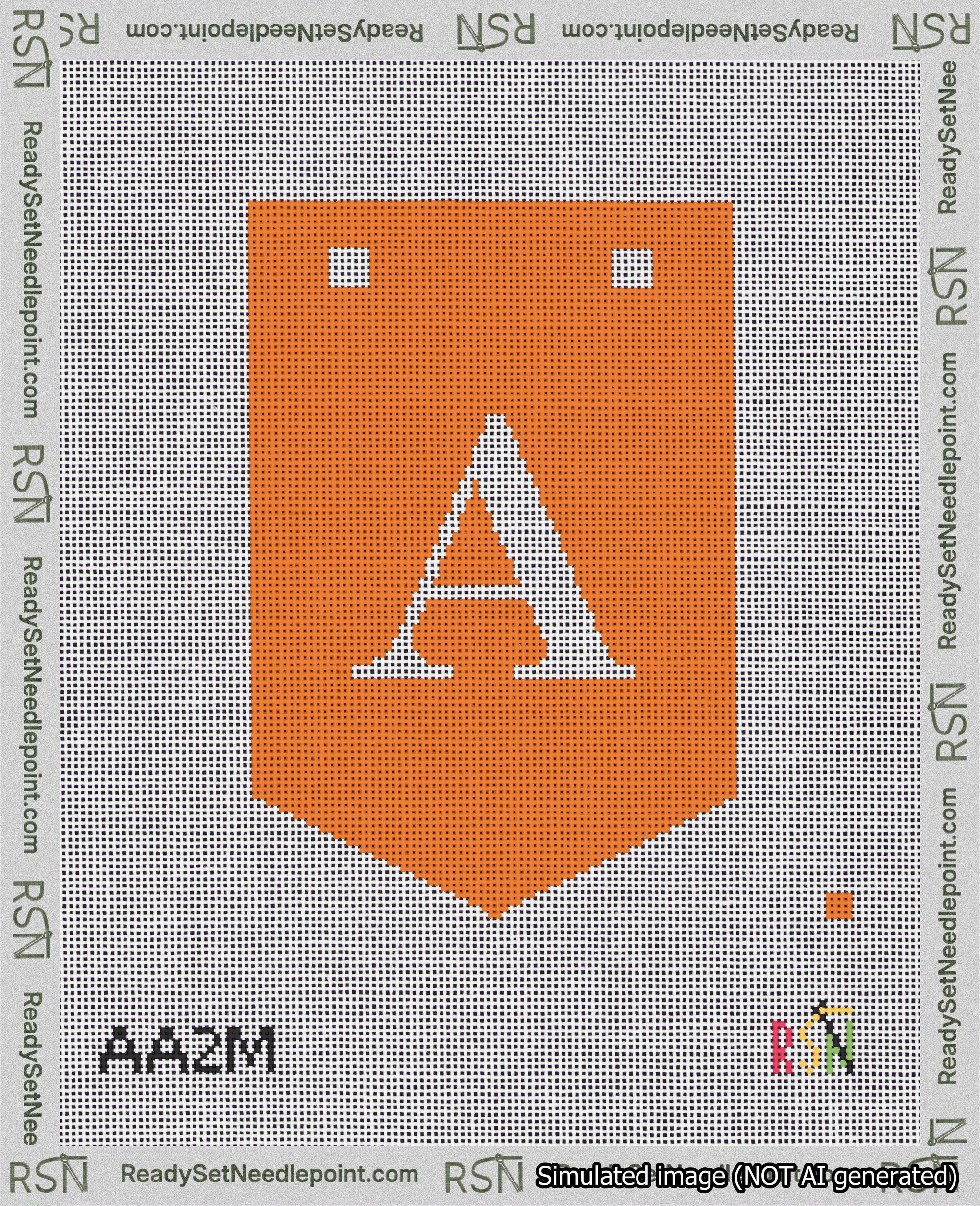 A taped needlepoint canvas with the design: Banner 18 mesh count Pointed A White on Orange.