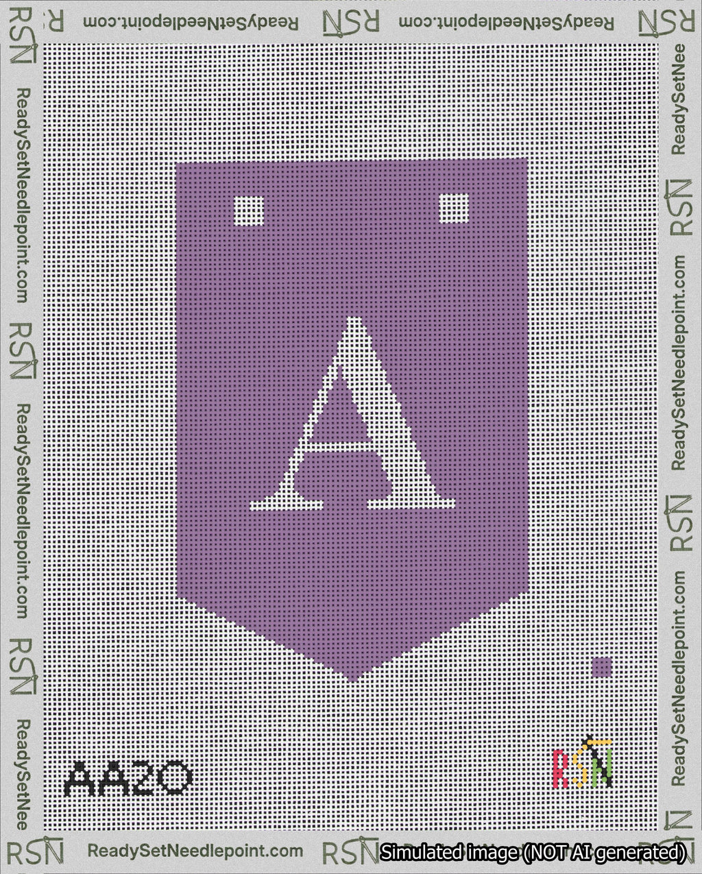 A taped needlepoint canvas with the design: Banner 18 mesh count Pointed A White on Purple.