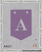 A taped needlepoint canvas with the design: Banner 18 mesh count Pointed A White on Purple.