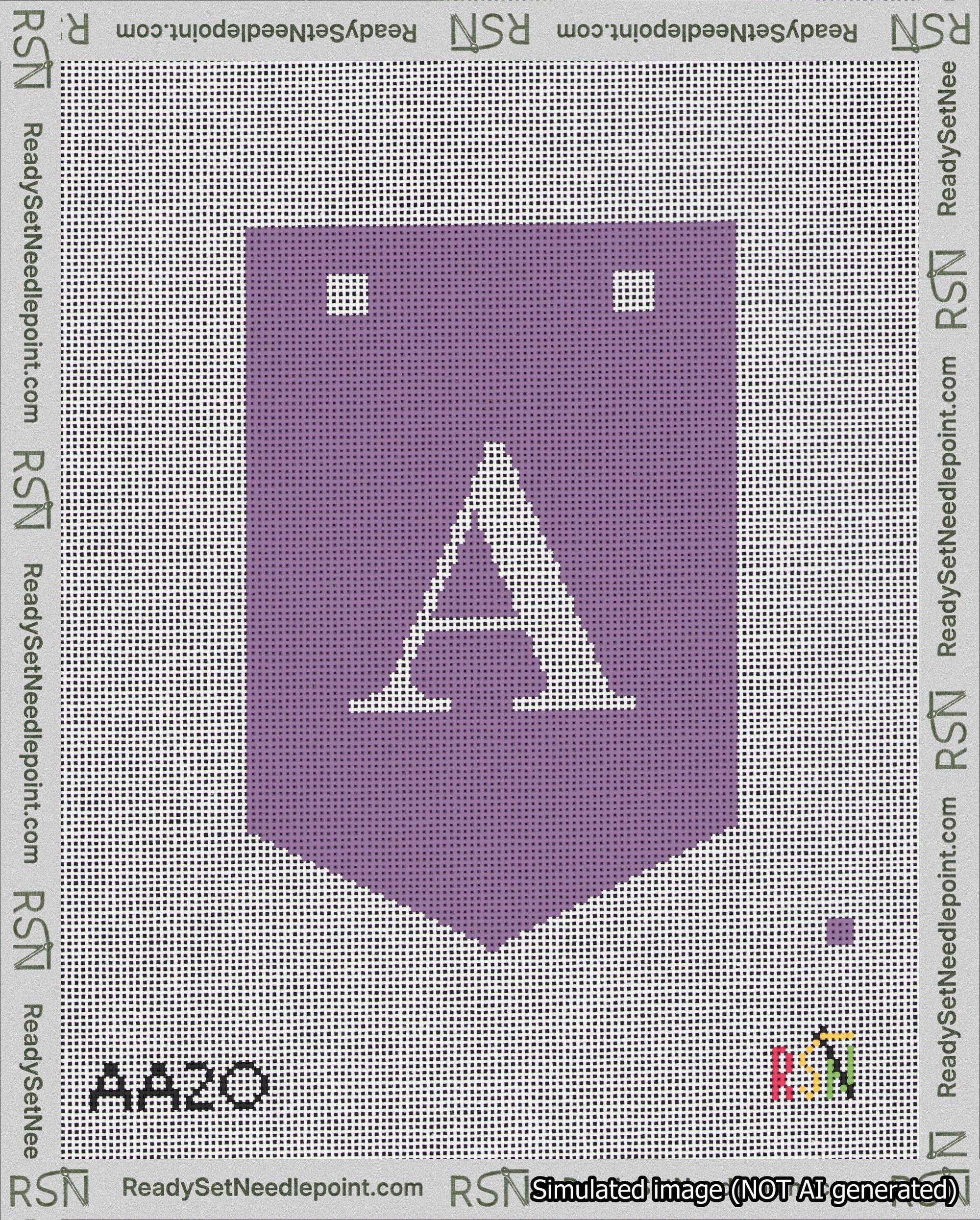 A taped needlepoint canvas with the design: Banner 18 mesh count Pointed A White on Purple.