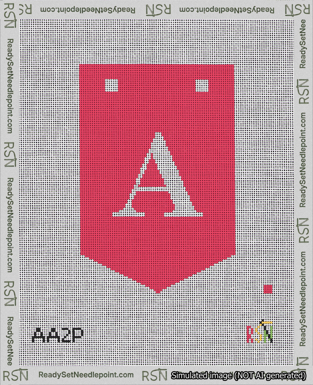 A taped needlepoint canvas with the design: Banner 18 mesh count Pointed A White on Red.