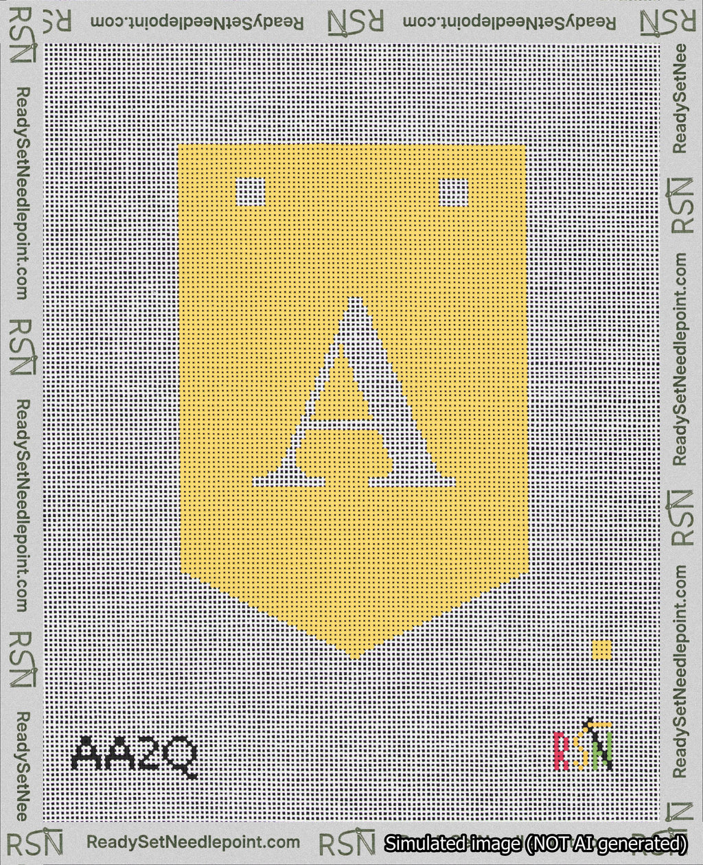 A taped needlepoint canvas with the design: Banner 18 mesh count Pointed A White on Yellow.