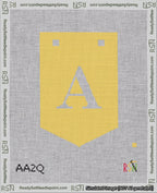 A taped needlepoint canvas with the design: Banner 18 mesh count Pointed A White on Yellow.