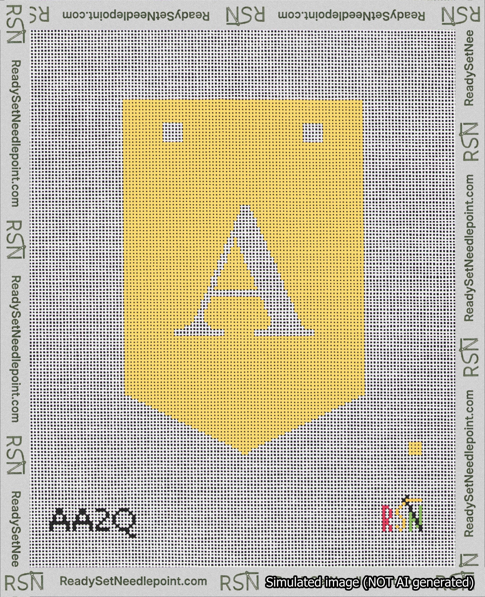 A taped needlepoint canvas with the design: Banner 18 mesh count Pointed A White on Yellow.