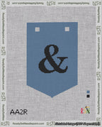 A taped needlepoint canvas with the design: Banner 18 mesh count Pointed Ampersand Black on Blue.