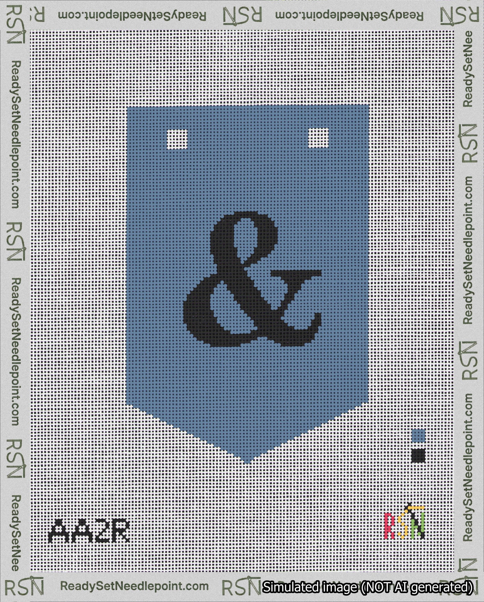 A taped needlepoint canvas with the design: Banner 18 mesh count Pointed Ampersand Black on Blue.