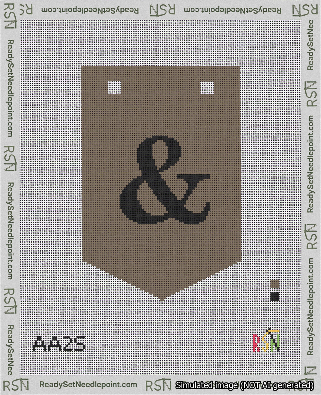 A taped needlepoint canvas with the design: Banner 18 mesh count Pointed Ampersand Black on Brown.