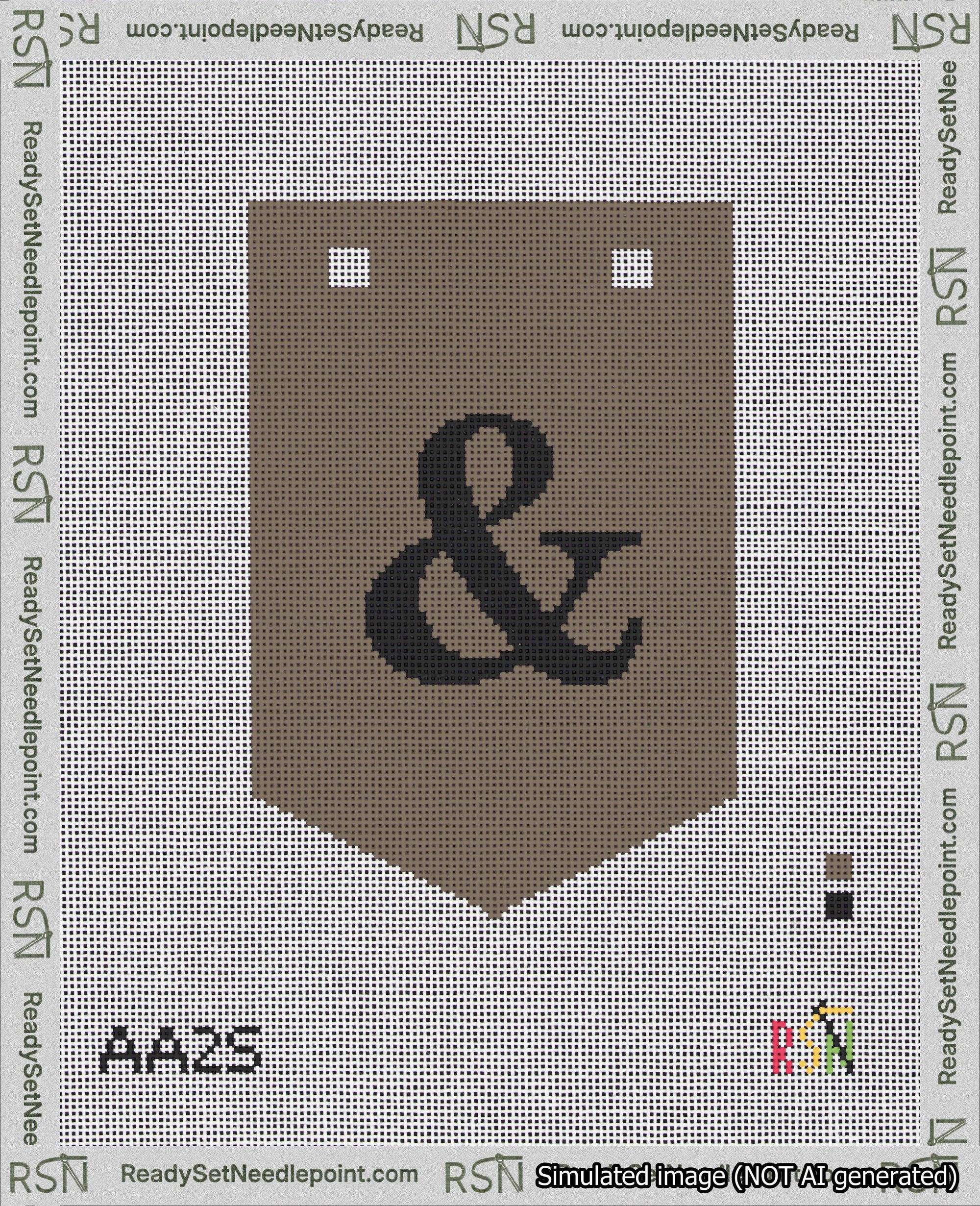 A taped needlepoint canvas with the design: Banner 18 mesh count Pointed Ampersand Black on Brown.
