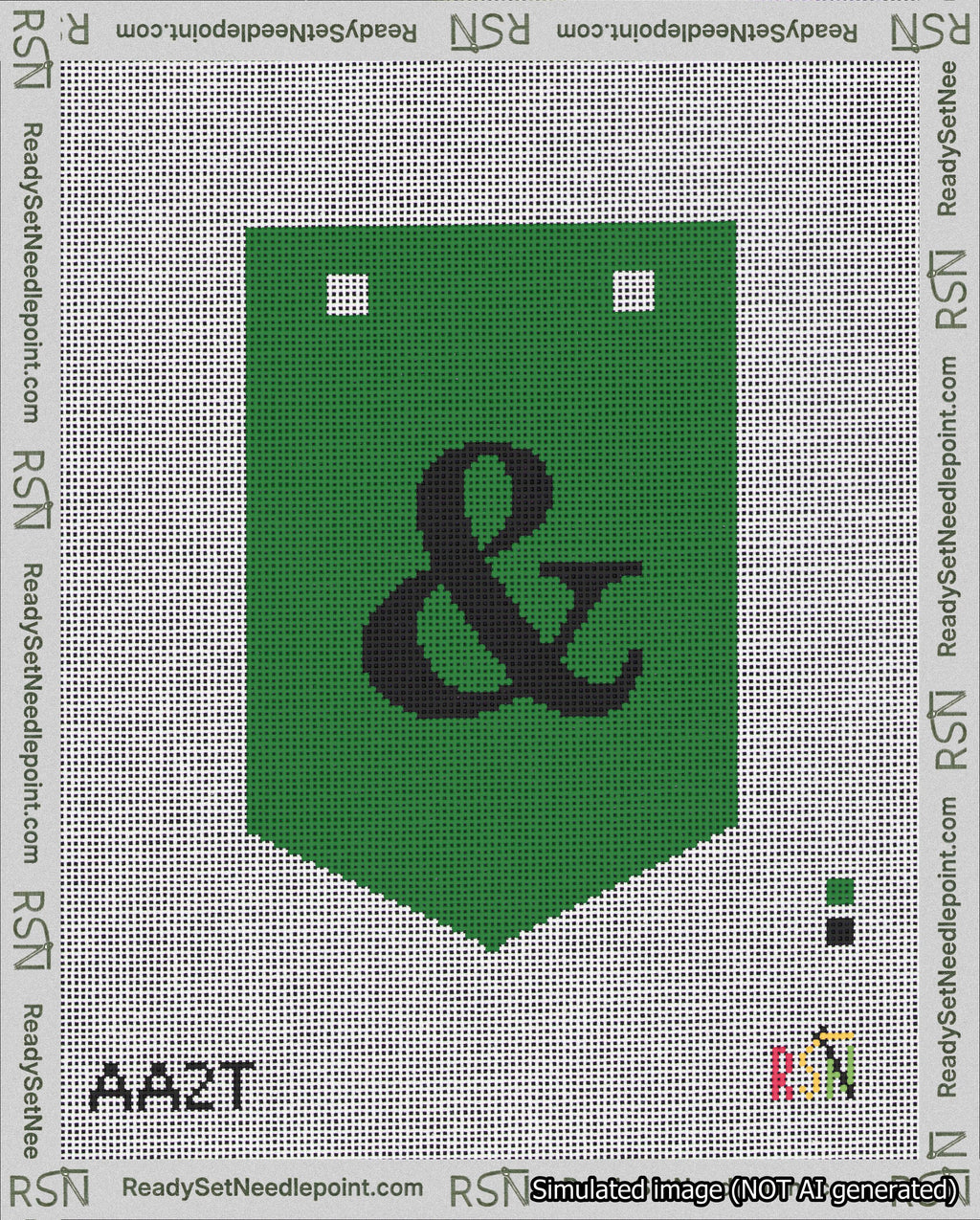 A taped needlepoint canvas with the design: Banner 18 mesh count Pointed Ampersand Black on Green.