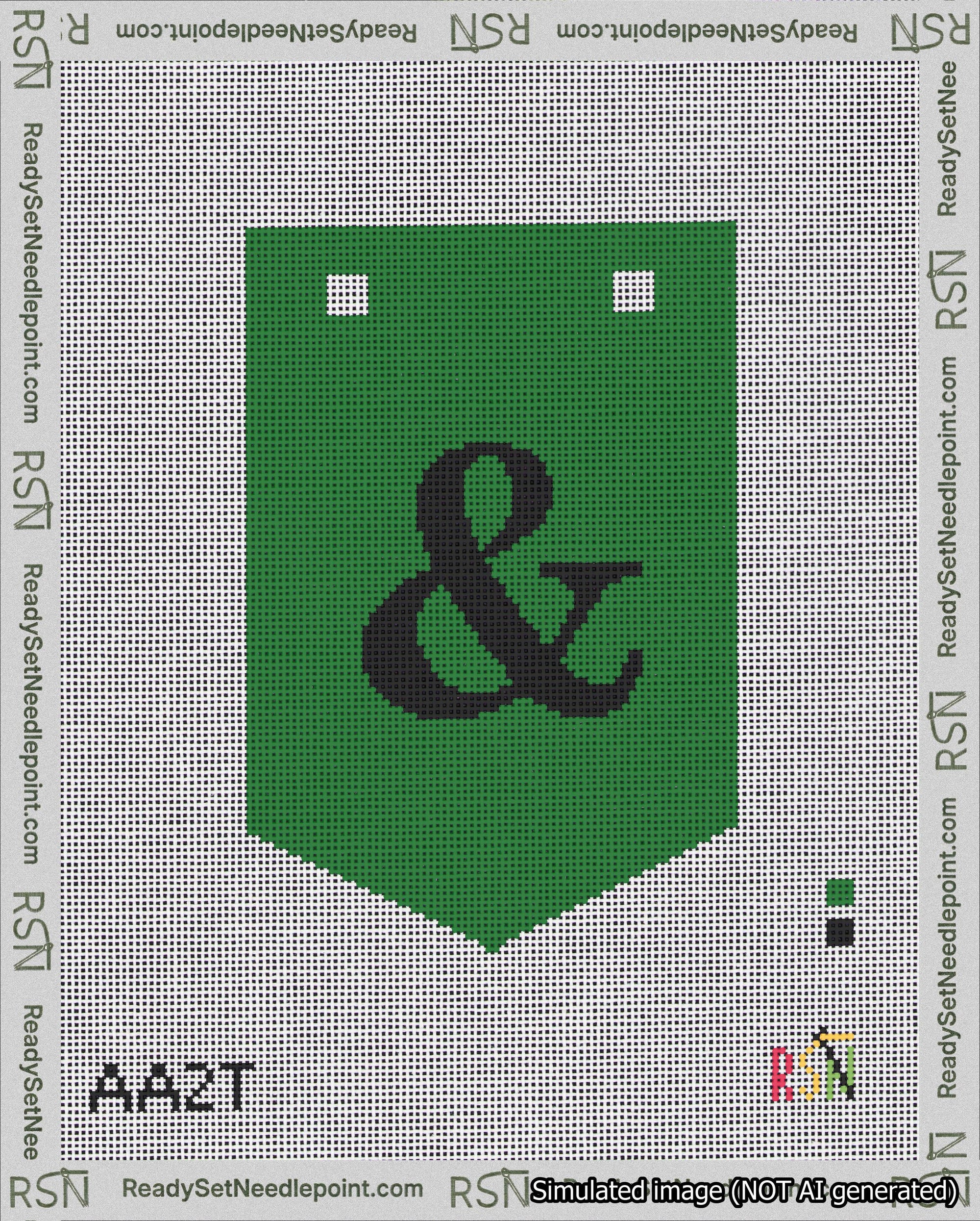 A taped needlepoint canvas with the design: Banner 18 mesh count Pointed Ampersand Black on Green.