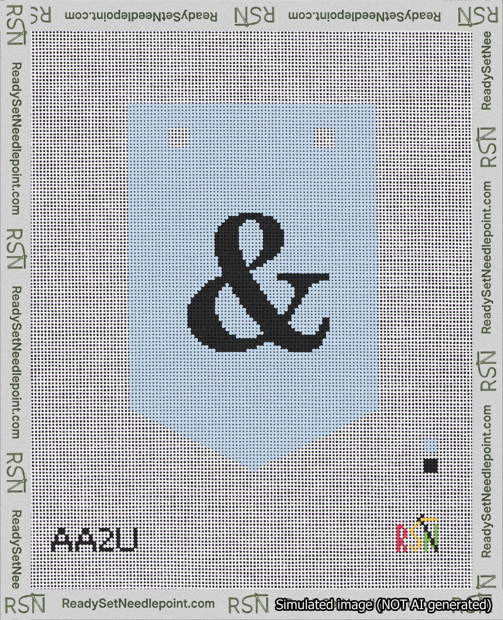 A taped needlepoint canvas with the design: Banner 18 mesh count Pointed Ampersand Black on Light Blue.