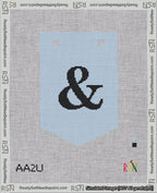 A taped needlepoint canvas with the design: Banner 18 mesh count Pointed Ampersand Black on Light Blue.