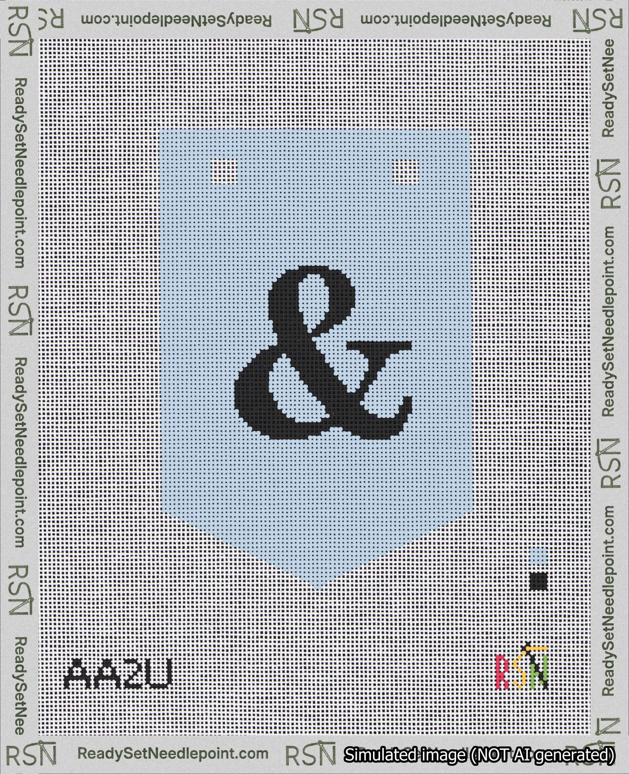 A taped needlepoint canvas with the design: Banner 18 mesh count Pointed Ampersand Black on Light Blue.