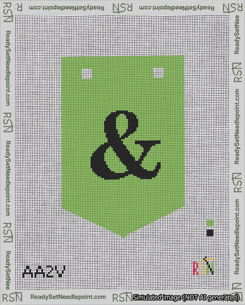 A taped needlepoint canvas with the design: Banner 18 mesh count Pointed Ampersand Black on Light Green.