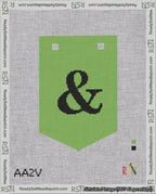A taped needlepoint canvas with the design: Banner 18 mesh count Pointed Ampersand Black on Light Green.