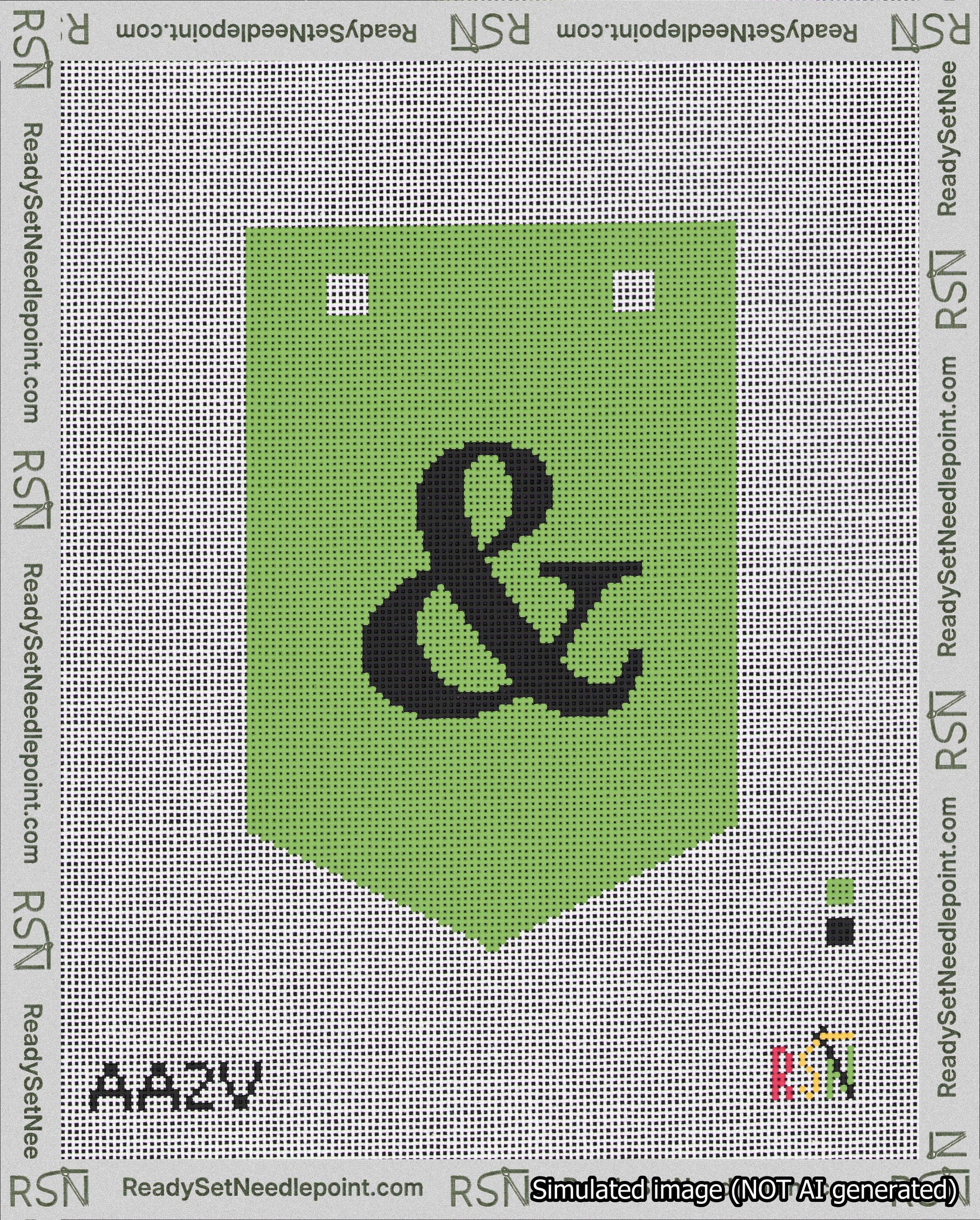 A taped needlepoint canvas with the design: Banner 18 mesh count Pointed Ampersand Black on Light Green.