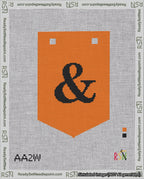 A taped needlepoint canvas with the design: Banner 18 mesh count Pointed Ampersand Black on Orange.
