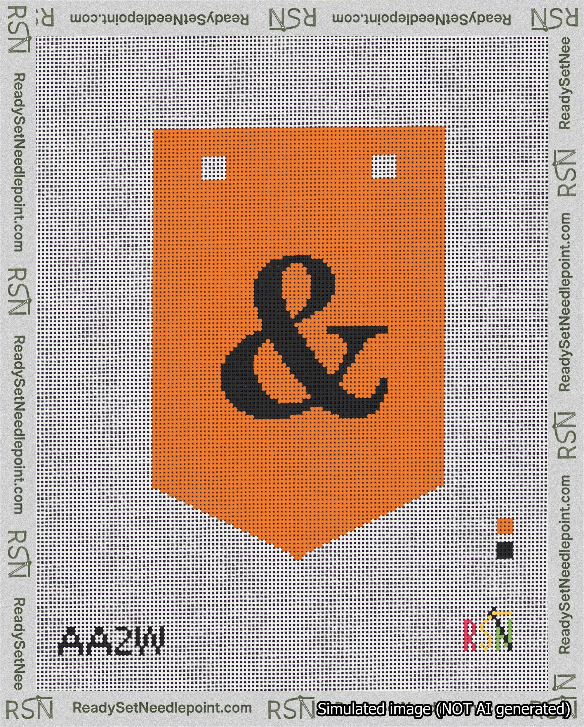 A taped needlepoint canvas with the design: Banner 18 mesh count Pointed Ampersand Black on Orange.