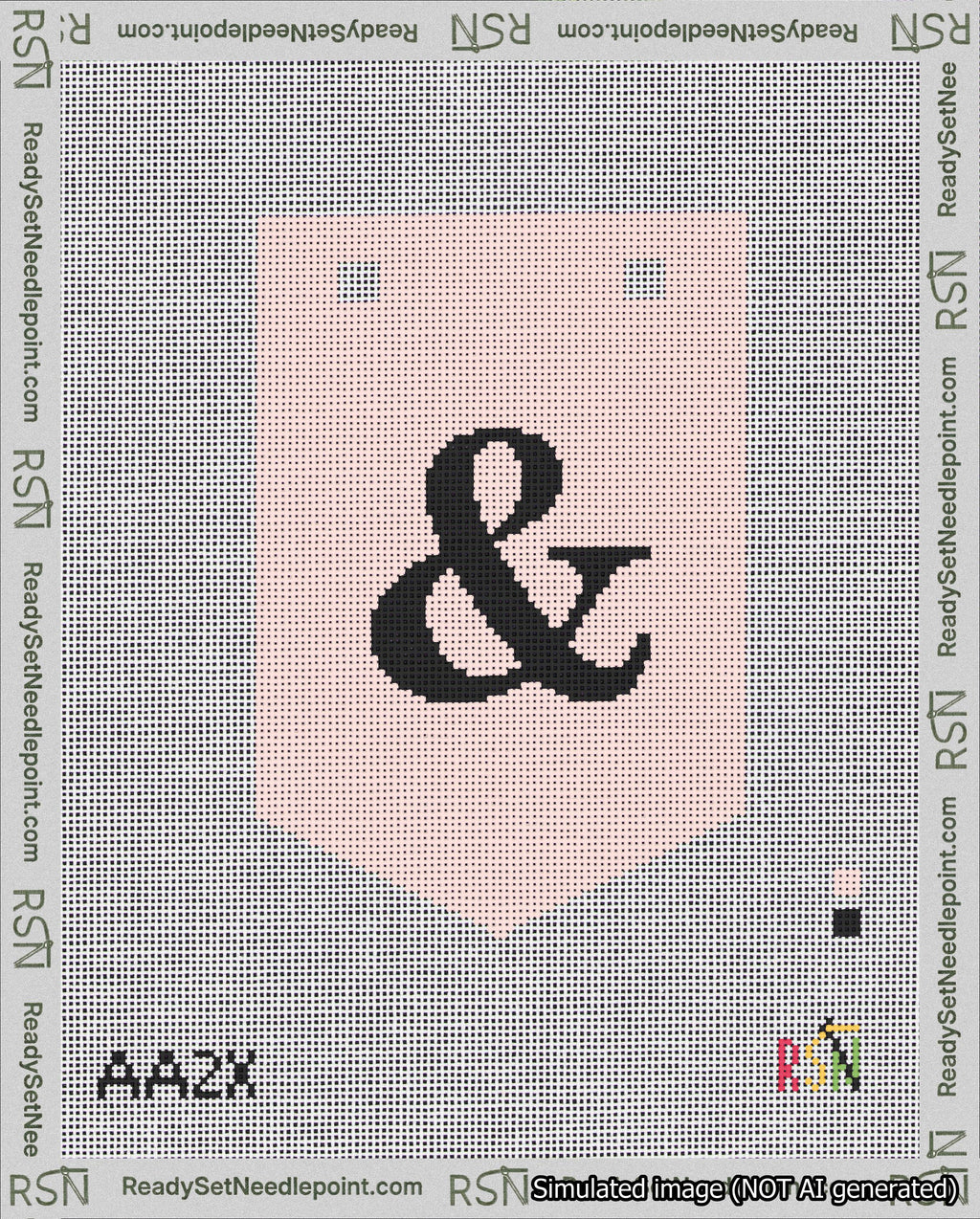 A taped needlepoint canvas with the design: Banner 18 mesh count Pointed Ampersand Black on Pink.