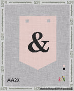 A taped needlepoint canvas with the design: Banner 18 mesh count Pointed Ampersand Black on Pink.