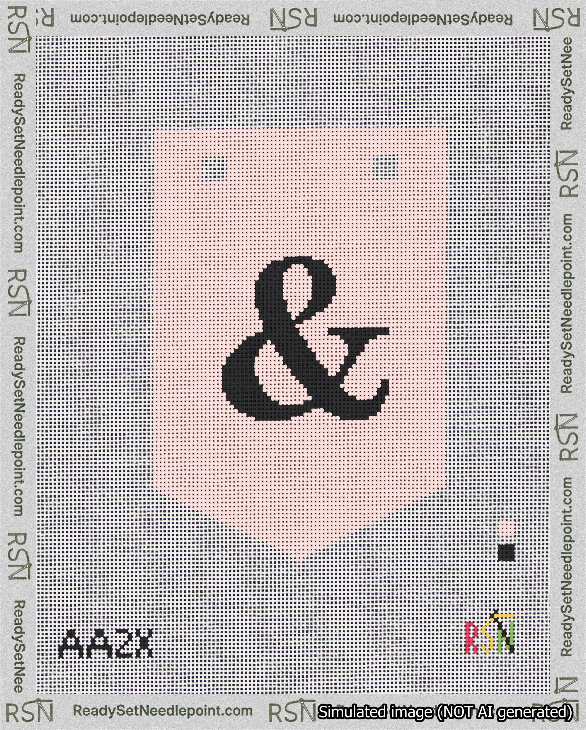 A taped needlepoint canvas with the design: Banner 18 mesh count Pointed Ampersand Black on Pink.