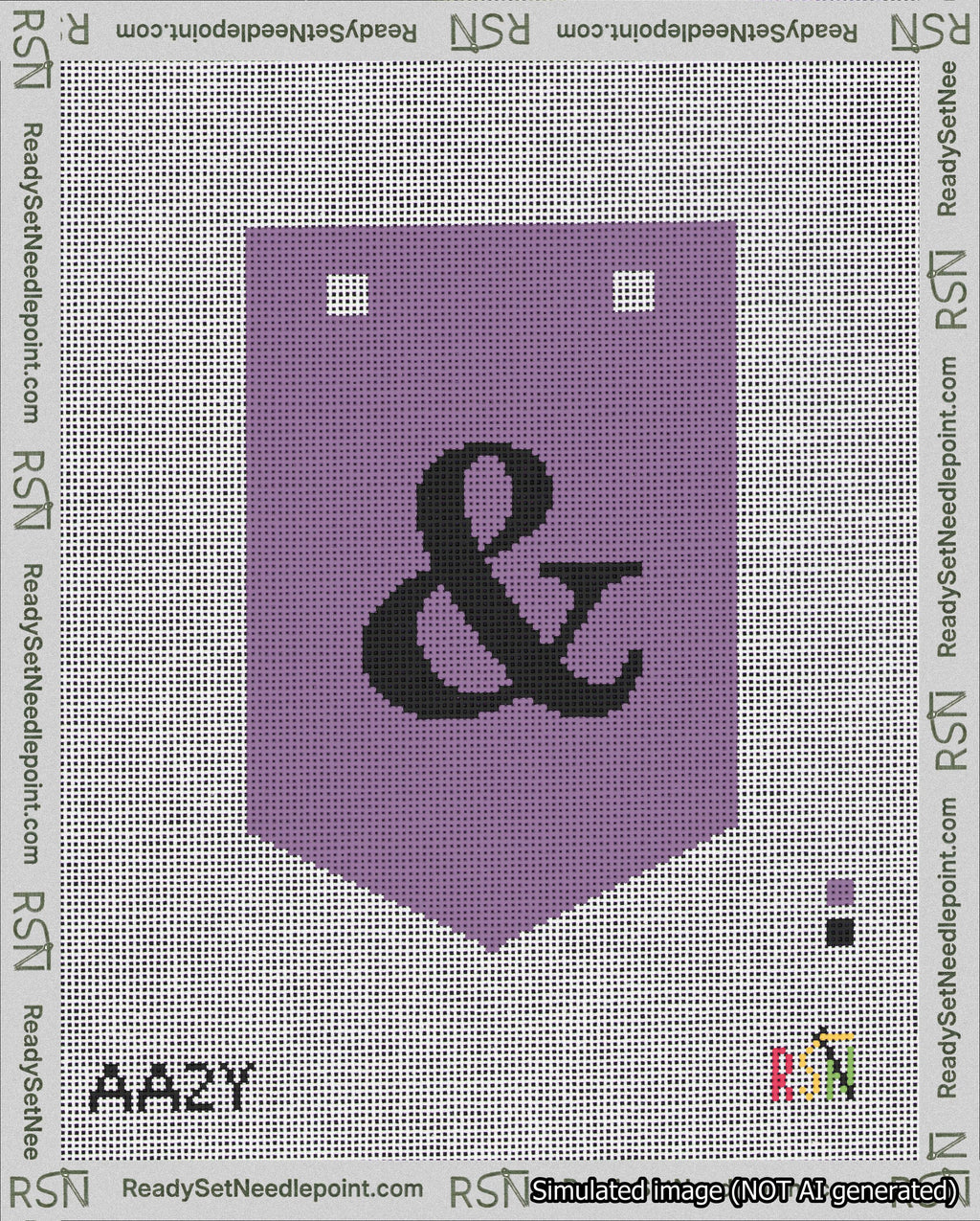 A taped needlepoint canvas with the design: Banner 18 mesh count Pointed Ampersand Black on Purple.
