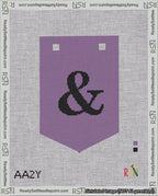 A taped needlepoint canvas with the design: Banner 18 mesh count Pointed Ampersand Black on Purple.
