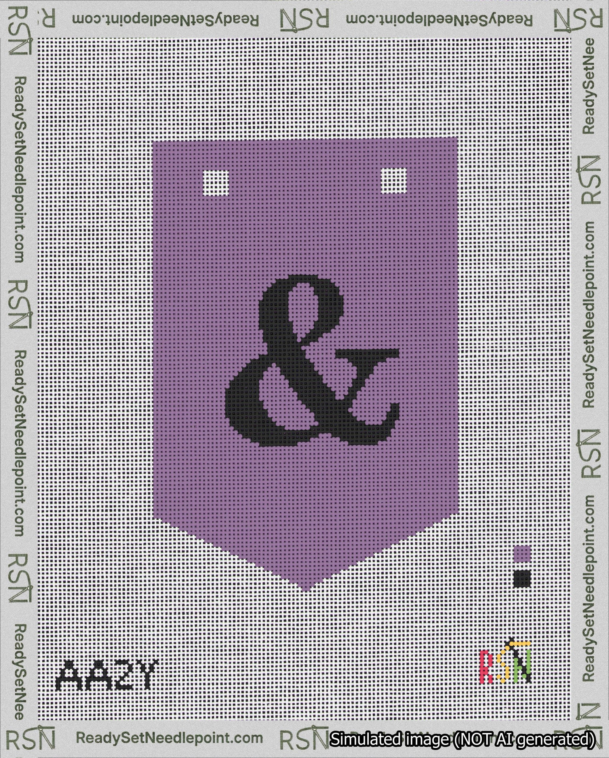 A taped needlepoint canvas with the design: Banner 18 mesh count Pointed Ampersand Black on Purple.