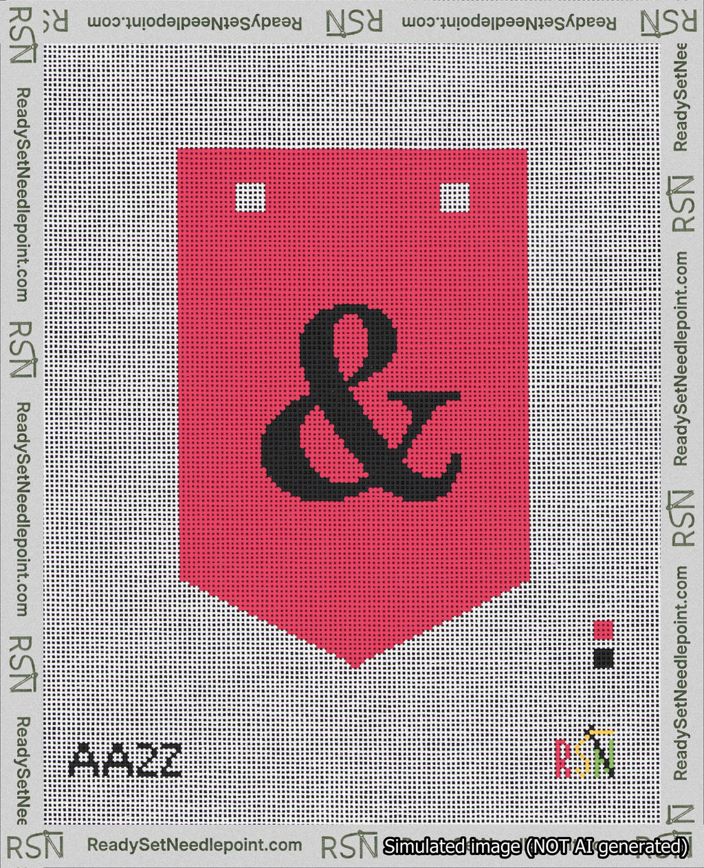 A taped needlepoint canvas with the design: Banner 18 mesh count Pointed Ampersand Black on Red.
