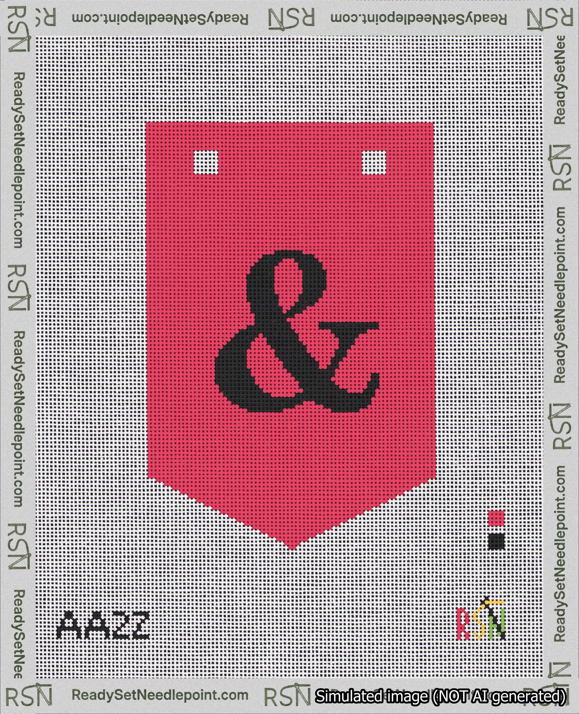 A taped needlepoint canvas with the design: Banner 18 mesh count Pointed Ampersand Black on Red.