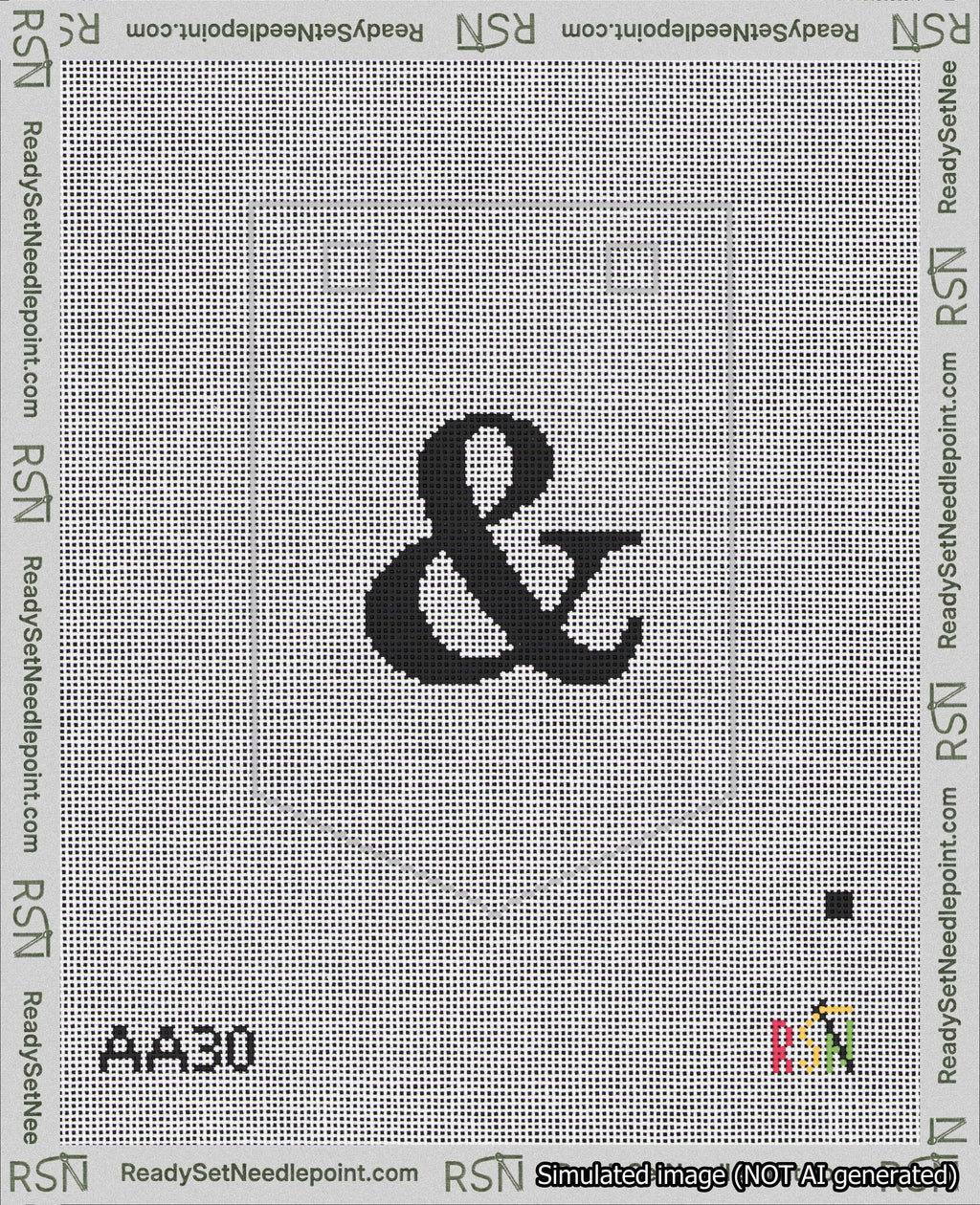 A taped needlepoint canvas with the design: Banner 18 mesh count Pointed Ampersand Black on White.