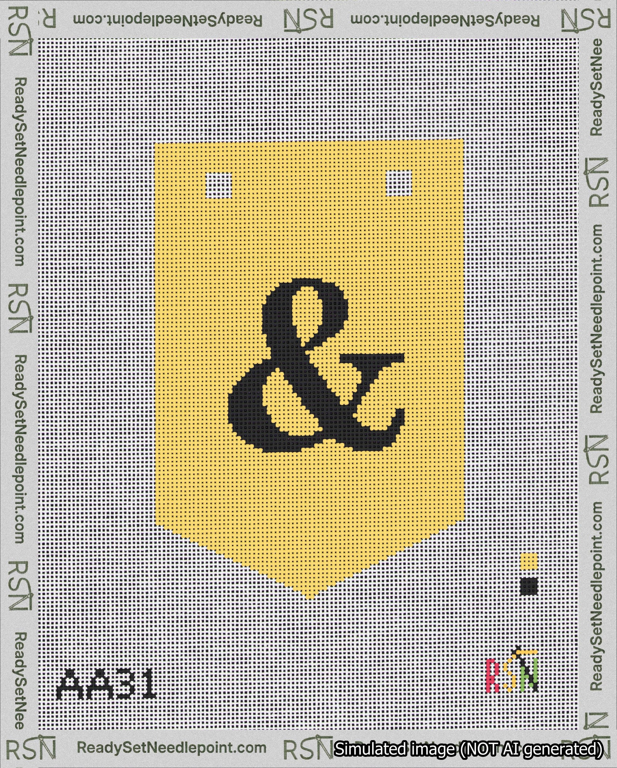 A taped needlepoint canvas with the design: Banner 18 mesh count Pointed Ampersand Black on Yellow.