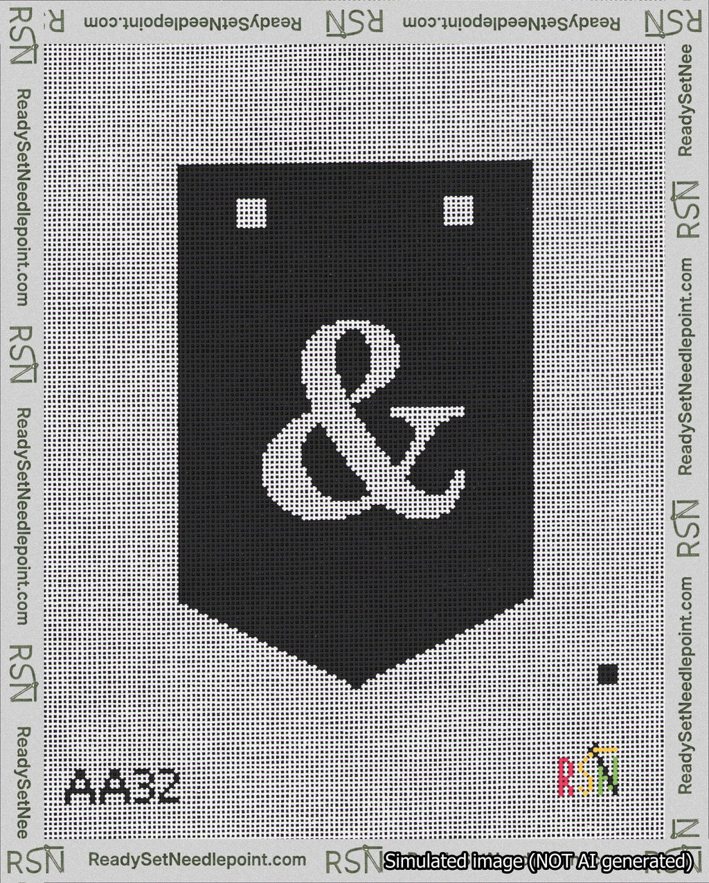 A taped needlepoint canvas with the design: Banner 18 mesh count Pointed Ampersand White on Black.